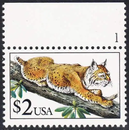 USA Michel 2092 / Scott 2482 postfrisch EINZELMARKE RAND oben m/ Platten-# 1 - Tiere: Rotluchs