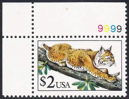 USA Michel 2092 / Scott 2482 postfrisch EINZELMARKE ECKRAND oben links m/ Platten-# 9999 - Tiere: Rotluchs