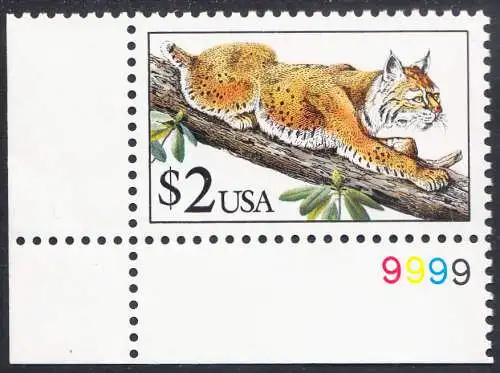 USA Michel 2092 / Scott 2482 postfrisch (Gumm.besch.) EINZELMARKE ECKRAND unten links m/ Platten-# 9999 - Tiere: Rotluchs