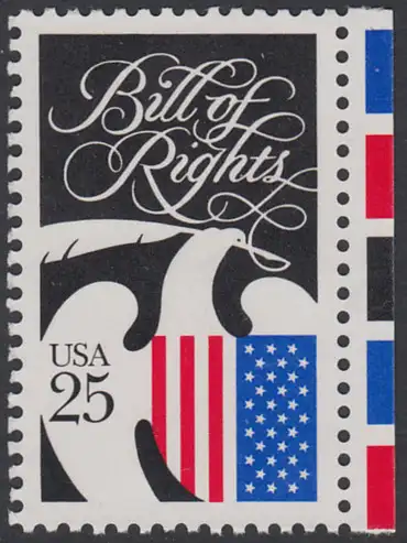 USA Michel 2050 / Scott 2421 postfrisch EINZELMARKE RAND rechts (a2) - 200 Jahre Bill of Rights: Wappenadler mit Schreibfeder und Landesfarben