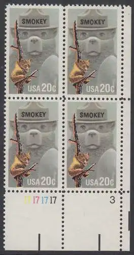 USA Michel 1705 / Scott 2096 postfrisch (Gumm.beeintr.) PLATEBLOCK ECKRAND unten rechts m/ Platten-#  171717-3 - Waldbrandverhütung: Smokey Bear, Maskottchen der Kampagne zur Waldbrandverhütung