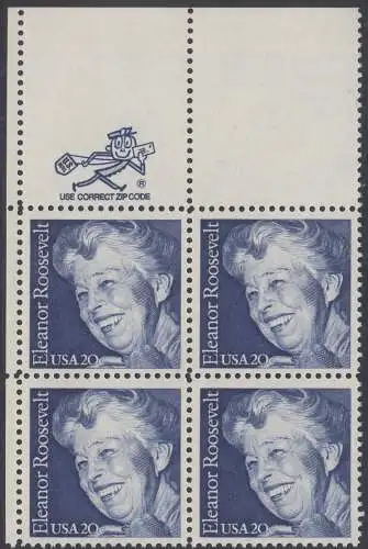 USA Michel 1714 / Scott 2105 postfrisch (Gumm.beeintr.) ZIP-BLOCK (ul) - 100. Geburtstag von Eleanor Roosevelt, Politikerin