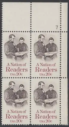 USA Michel 1715 / Scott 2106 postfrisch (Gumm.beeintr.) PLATEBLOCK ECRAND oben rechts m/ Platten-# 7 - Lesen: Abraham Lincoln liest seinem Sohn vor