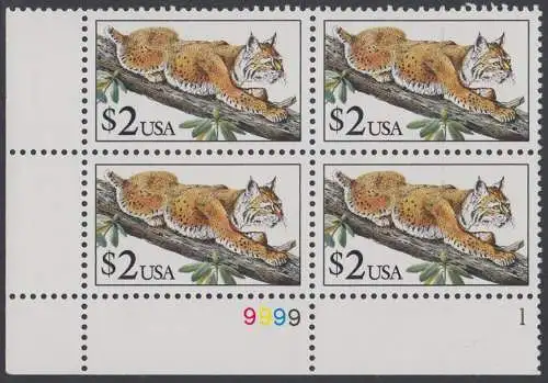 USA Michel 2092 / Scott 2482 postfrisch PLATEBLOCK ECKRAND unten links m/ Platten-# 9999 (c) - Tiere: Rotluchs