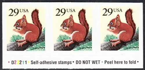 USA Michel 2385 / Scott 2489 postfrisch horiz.STRIP(3) m/ Platten-# D222111- Tiere: Eichhörnchen 
