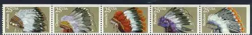 USA Michel 2098 / Scott 2502-2505 postfrisch Strip(5) -a1- (aus MARKENHEFTCHEN) - Indianer-Kopfschmuck 