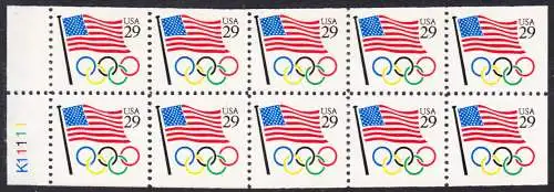 USA Michel 2129 / Scott 2528 postfrisch Markenheftchen-Blatt(10) - Flagge, Olympische Ringe