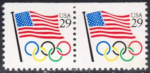 USA Michel 2129 / Scott 2528 postfrisch horiz.PAAR (aus Markenheftchen) oben ungezähnt - Flagge, Olympische Ringe