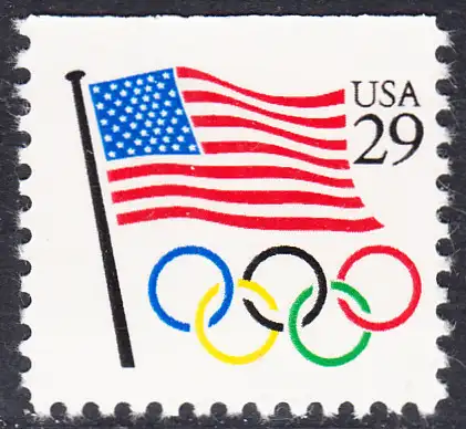 USA Michel 2129 / Scott 2528 postfrisch EINZELMARKE (aus Markenheftchen) oben ungezähnt - Flagge, Olympische Ringe