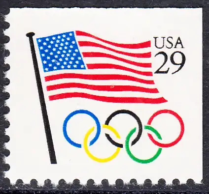 USA Michel 2129 / Scott 2528 postfrisch EINZELMARKE (aus Markenheftchen) oben/rechts ungezähnt - Flagge, Olympische Ringe
