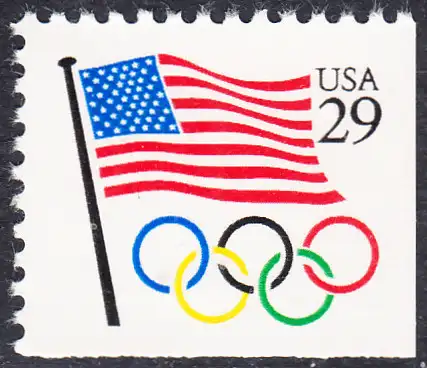USA Michel 2129 / Scott 2528 postfrisch EINZELMARKE (aus Markenheftchen) unten/rechts ungezähnt - Flagge, Olympische Ringe
