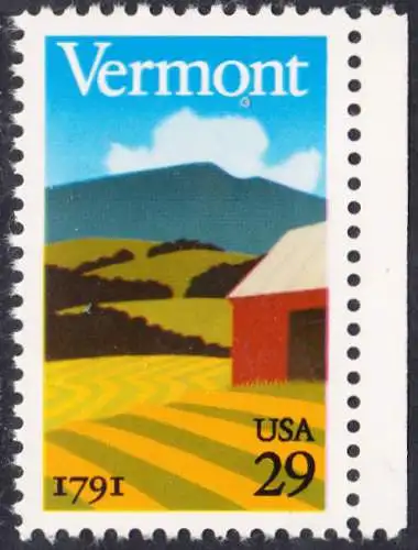 USA Michel 2121 / Scott 2533 postfrisch EINZELMARKE RAND rechts  (a2) - 200 Jahre Staat Vermont: Landschaft in Vermont