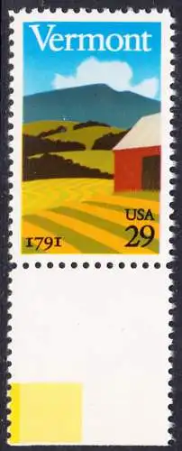 USA Michel 2121 / Scott 2533 postfrisch EINZELMARKE RAND unten (a2) - 200 Jahre Staat Vermont: Landschaft in Vermont