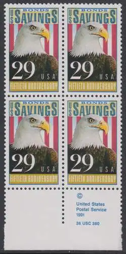 USA Michel 2131 / Scott 2534 postfrisch BLOCK RÄNDER unten m/ copyright-symbol - 50 Jahre Amerikanische Bundesobligationen: Weißkopfseeadler, Flagge