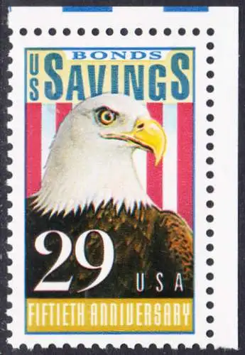 USA Michel 2131 / Scott 2534 postfrisch EINZELMARKE ECKRAND oben rechts - 50 Jahre Amerikanische Bundesobligationen: Weißkopfseeadler, Flagge