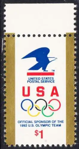 USA Michel 2182 / Scott 2539 postfrisch EINZELMARKE RAND oben - Amerikanische Postverwaltung Sponsor der US-amerikanischen Olympiamannschaft 1992; Emblem der amerikanischen Post, olympische Ringe