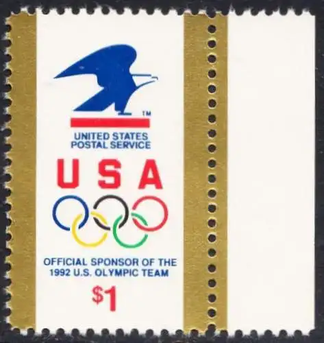 USA Michel 2182 / Scott 2539 postfrisch EINZELMARKE RAND rechts - Amerikanische Postverwaltung Sponsor der US-amerikanischen Olympiamannschaft 1992; Emblem der amerikanischen Post, olympische Ringe