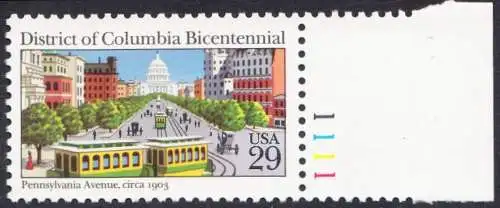 USA Michel 2179 / Scott 2561 postfrisch EINZELMARKE RAND rechts m/ Platten-# 1111 - 200 Jahre District of Columbia: Kapitol und Pennsylvania Avenue, Washington (1903) 