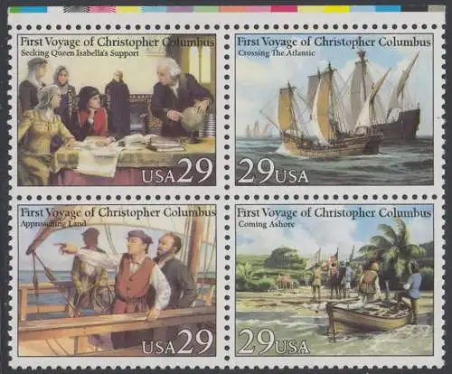 USA Michel 2214-2217 / Scott 2620+2623 postfrisch (Gumm.beeintr,) BLOCK ECKRÄNDER oben - 500. Jahrestag der Entdeckung von Amerika