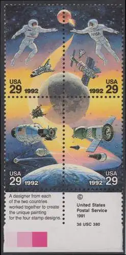 USA Michel 2235-2238 / Scott 2631-2634 postfrisch BLOCK RÄNDER unten m/ Copyright Symbol (a2) - Amerikanische und sowjetische Weltraumunternehmungen