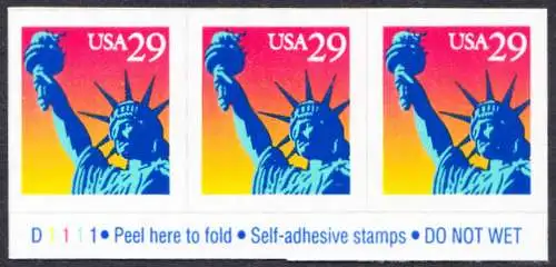USA Michel 2471 / Scott 2599 postfrisch horiz.STRIP(3) m/ Platten-# D111 - Freiheitsstatue, New York