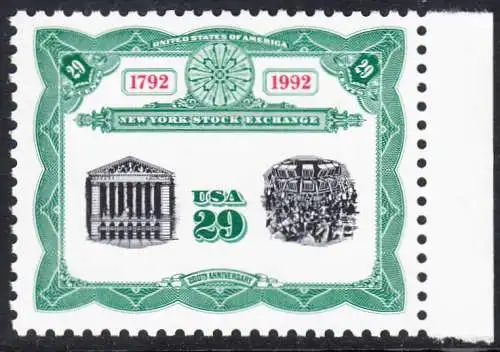 USA Michel 2218 / Scott 2630 postfrisch EINZELMARKE RAND rechts (a2) - 200 Jahre Börse New York: Frontansicht und Börsensaal der New Yorker Börse