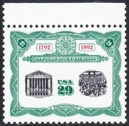 USA Michel 2218 / Scott 2630 postfrisch EINZELMARKE RAND oben - 200 Jahre Börse New York: Frontansicht und Börsensaal der New Yorker Börse