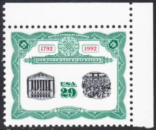 USA Michel 2218 / Scott 2630 postfrisch EINZELMARKE ECKRAND oben rechts - 200 Jahre Börse New York: Frontansicht und Börsensaal der New Yorker Börse