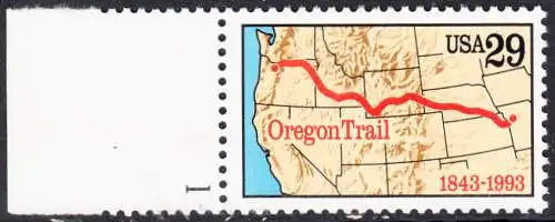 USA Michel 2343 / Scott 2747 postfrisch EINZELMARKE RAND links m/ Platten-# 1 - 150 Jahre Oregon Trail: Karte des Nordwestens der USA