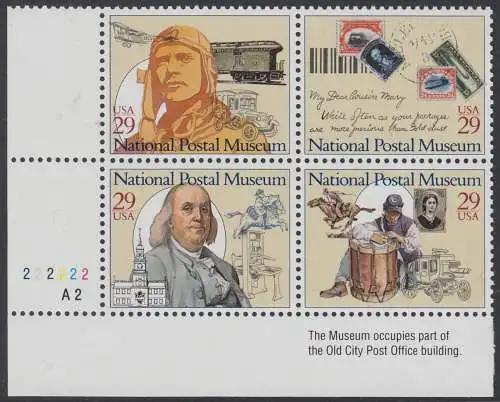USA Michel 2390-2393 / Scott 2779-2782 postfrisch PLATEBLOCK ECKRANDMARKE unten links m/ Platten-# A2-222222 (a) - Nationales Postmuseum