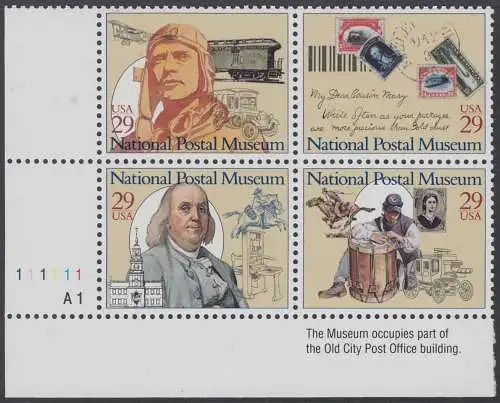 USA Michel 2390-2393 / Scott 2779-2782 postfrisch PLATEBLOCK ECKRANDMARKE unten links m/ Platten-# A1-111111 (b) - Nationales Postmuseum