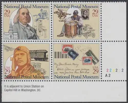 USA Michel 2390-2393 / Scott 2779-2782 postfrisch PLATEBLOCK ECKRANDMARKE unten rechts m/ Platten-# A2-222222 (c) - Nationales Postmuseum