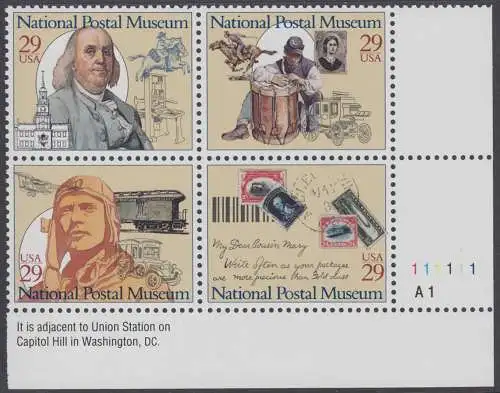 USA Michel 2390-2393 / Scott 2779-2782 postfrisch PLATEBLOCK ECKRANDMARKE unten rechts m/ Platten-# A1-111111 (d) - Nationales Postmuseum