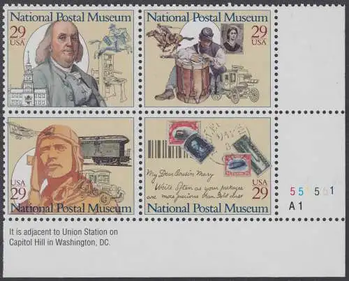 USA Michel 2390-2393 / Scott 2779-2782 postfrisch PLATEBLOCK ECKRANDMARKE unten rechts m/ Platten-# A1-551551 (e) - Nationales Postmuseum