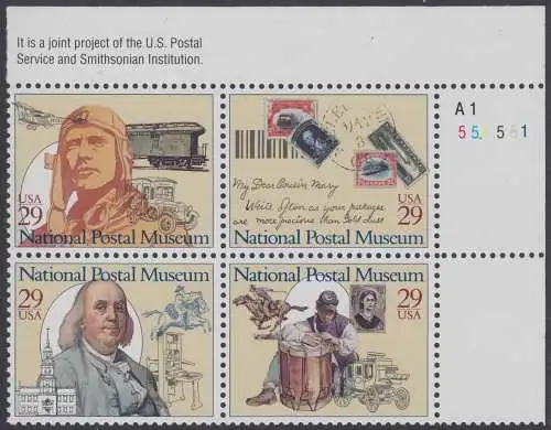 USA Michel 2390-2393 / Scott 2779-2782 postfrisch PLATEBLOCK ECKRANDMARKE oben rechts m/ Platten-# A1-551551 (g) - Nationales Postmuseum