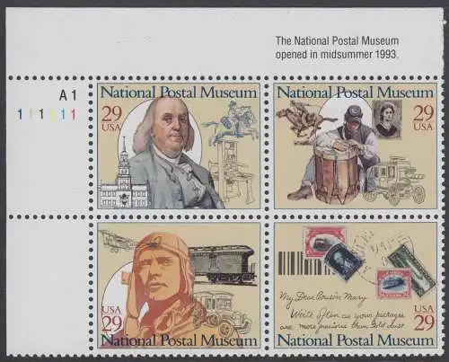 USA Michel 2390-2393 / Scott 2779-2782 postfrisch PLATEBLOCK ECKRANDMARKE oben links m/ Platten-# A1-111111 (k) - Nationales Postmuseum