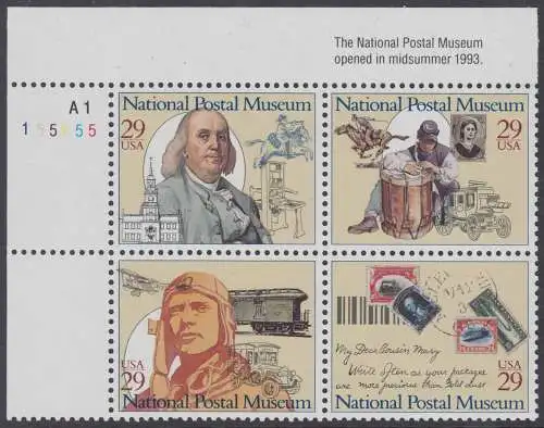 USA Michel 2390-2393 / Scott 2779-2782 postfrisch PLATEBLOCK ECKRANDMARKE oben links m/ Platten-# A1-155155 (l) - Nationales Postmuseum