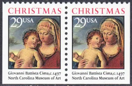 USA Michel 2405D / Scott 2790a postfrisch horiz.PAAR (aus Markenheftchen / links/unten/rechts geschnitten)  - Weihnachten: Madonna mit Kind in einer Landschaft