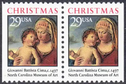 USA Michel 2405D / Scott 2790a postfrisch horiz.PAAR (aus Markenheftchen / links/rechts geschnitten)  - Weihnachten: Madonna mit Kind in einer Landschaft
