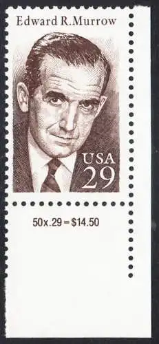 USA Michel 2432 / Scott 2812 postfrisch EINZELMARKE ECKRAND unten rechts - Edward R. Murrow: Rundfunkreporter
