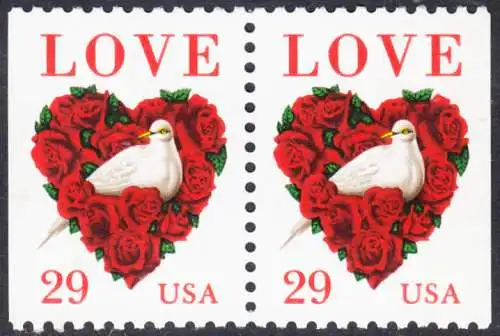 USA Michel 2437 / Scott 2814 postfrisch horiz.PAAR (links/rechts ungezähnt) (a1) - Grußmarke: Taube, Rosen