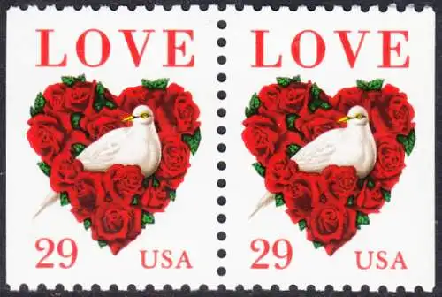 USA Michel 2437 / Scott 2814 postfrisch horiz.PAAR (links/rechts ungezähnt) (a2) - Grußmarke: Taube, Rosen