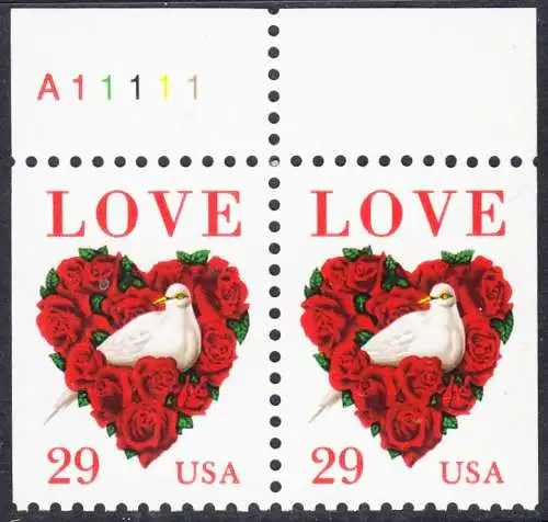 USA Michel 2437 / Scott 2814 postfrisch horiz.PAAR (links/rechts ungezähnt) RÄNDER oben m/ Platten-# A11111  - Grußmarke: Taube, Rosen