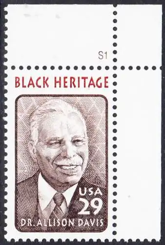USA Michel 2434 / Scott 2816 postfrisch EINZELMARKE ECKRAND oben rechts m/ Platten-# S1 - Schwarzamerikanisches Erbe: Allison Davis, Anthropologe und Psychologe