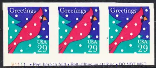 USA Michel 2529/ Scott 2874 postfrisch horiz.STRIP(3) m/ Platten-# - Weihnachten: Roter Kardinal