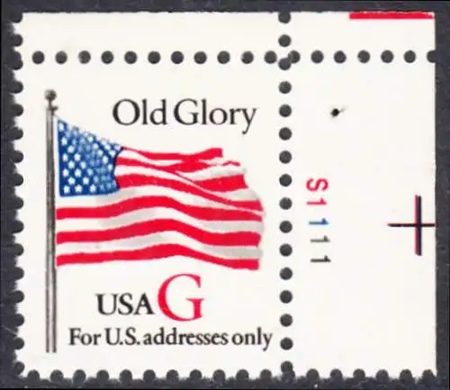 USA Michel 2533 / Scott 2882 postfrisch EINZELMARKE ECKRAND oben rechts m/ Platten-# S1111 - Flagge \"Old Glory\" (rotes G)