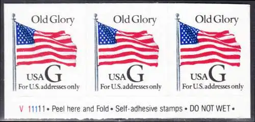 USA Michel 2536F / Scott 2886 postfrisch horiz.STRIP(3) m/ Platten-# V11111 - Flagge \"Old Glory\" 