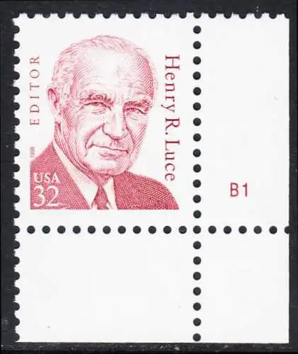 USA Michel 2948 / Scott 2935 postfrisch EINZELMARKE ECKRAND unten rechts m/ Platten-# B1 - Amerikanische Persönlichkeiten: Henry R. Luce (1898-1967), Verleger