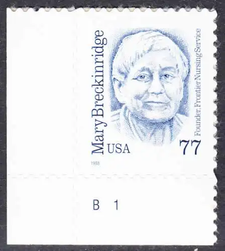 USA Michel 3063 / Scott 2942 postfrisch EINZELMARKE ECKRAND unten links m/ Platten-# B1 - Amerikanische Persönlichkeiten: Mary Breckinridge (1881-1965), Krankenschwester und Hebamme