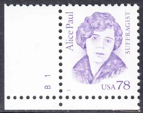 USA Michel 2613 / Scott 2943 postfrisch EINZELMARKE ECKRAND unten links m/ Platten-# B1 - Amerikanische Persönlichkeiten: Alice Paul (1885-1977), Frauenrechtlerin